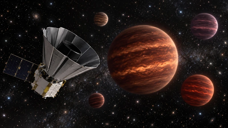 Illustrazione editoriale IA del telescopio SPHEREx mentre osserva nane brune con atmosfere diverse; scena non documentaria.