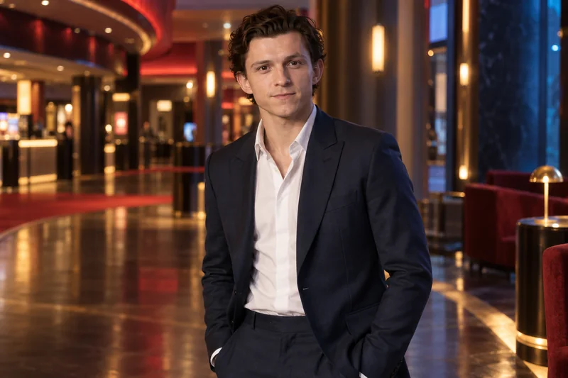 Ritratto editoriale fotorealistico generato con IA di Tom Holland in un foyer cinematografico, con abito blu scuro e illuminazione rossa e blu.