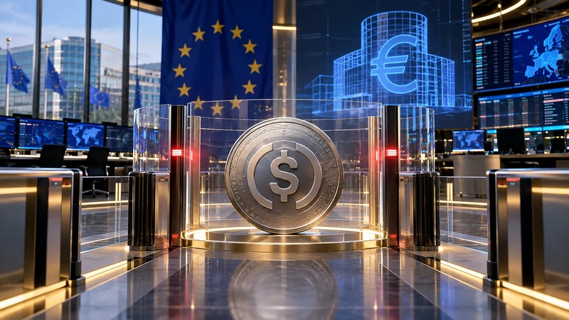 Illustrazione editoriale IA ultrarealistica di una stablecoin fermata da una barriera di conformità europea; scena non documentaria.