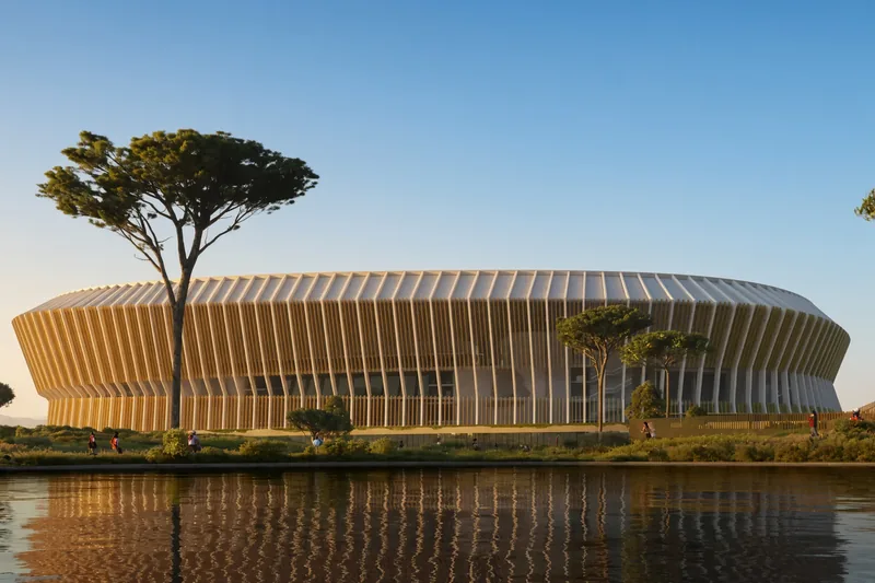 Rendering editoriale del nuovo stadio AS Roma a Pietralata, arena moderna con pini e riflesso sull’acqua; illustrazione IA non documentaria.
