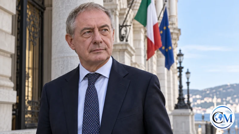 Illustrazione IA del ministro Adolfo Urso in un ritratto istituzionale ambientato a Trieste; non ritrae l'incontro con i sindacati.