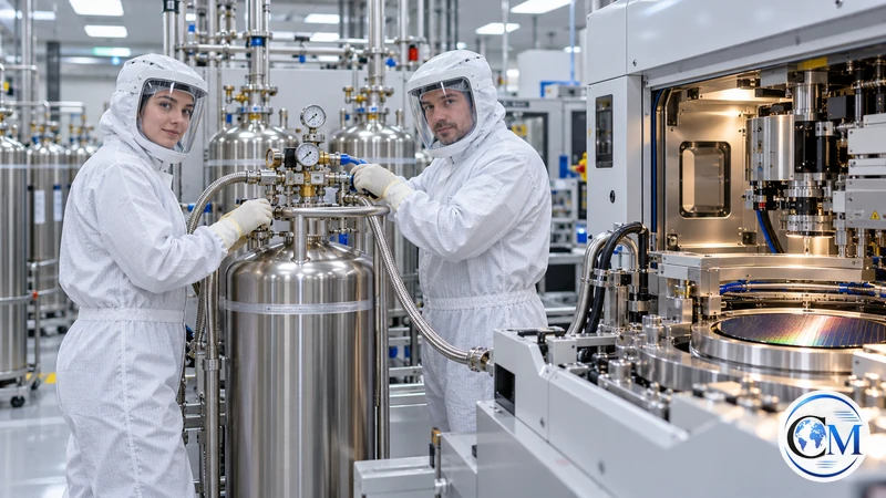 Illustrazione editoriale IA di tecnici in una camera bianca per semiconduttori con bombole di elio, senza testo; non è una fotografia documentaria.