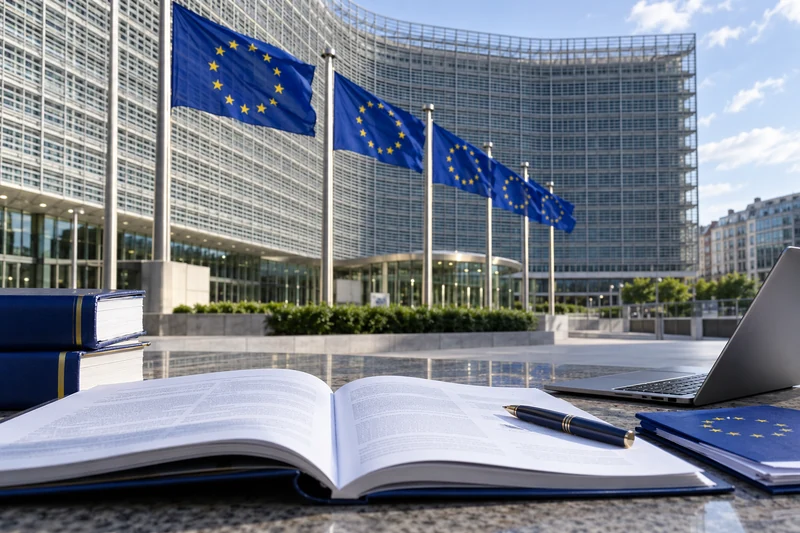 Sede della Commissione europea con bilancia della giustizia e documenti di consultazione, illustrazione editoriale IA.