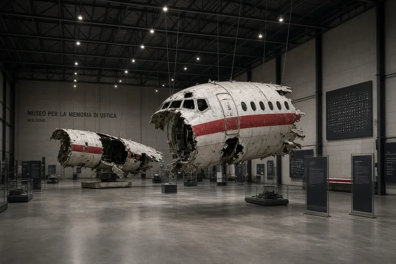 Illustrazione editoriale del Museo per la Memoria di Ustica con fusoliera DC-9 ricostruita; scena non documentaria generata con IA.