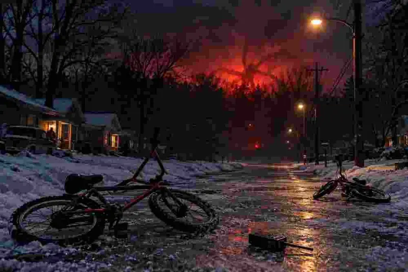 Scena editoriale contestuale ordinaria generata con IA: strada suburbana innevata ispirata a Hawkins nel 1985, con biciclette abbandonate e una minaccia soprannaturale all’orizzonte.