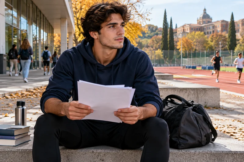 Studentessa-atleta in un campus universitario italiano con documenti, libri e borsa sportiva; illustrazione editoriale IA.
