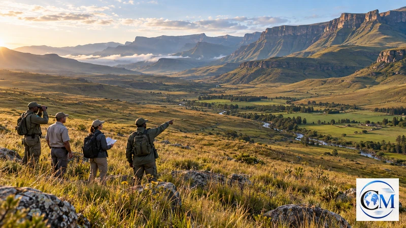 Illustrazione editoriale IA ultrarealistica delle praterie dell'Eastern Cape con ranger e proprietari nel nuovo Grasslands National Park; scena non documentaria.