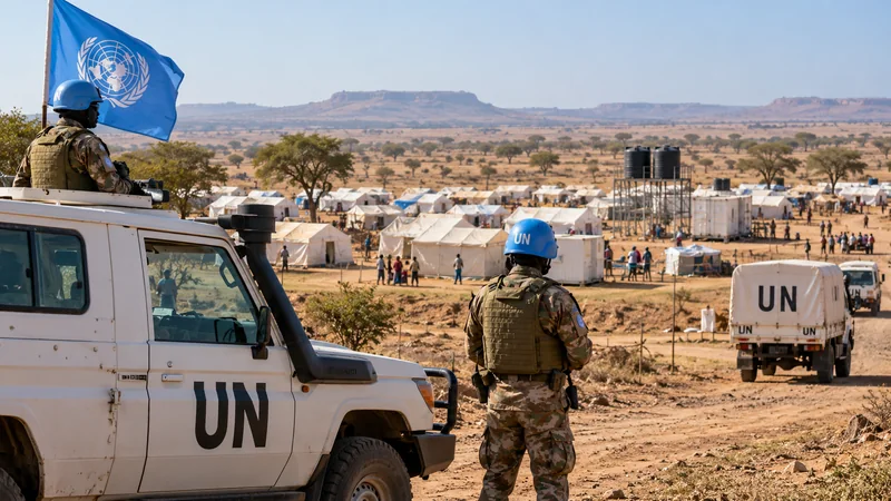 Illustrazione editoriale IA di caschi blu e assistenza umanitaria al confine tra Centrafrica e Sudan; scena non documentaria.