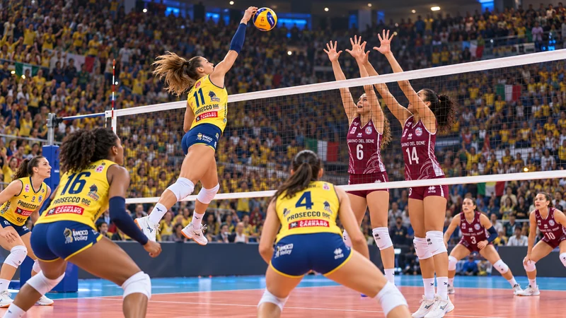 Finale di pallavolo femminile in un’arena di Bari, illustrazione editoriale IA