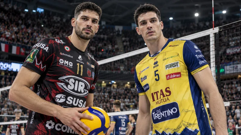 Illustrazione editoriale IA di giocatori di SuperLega davanti alla rete in un palazzetto italiano; scena non documentaria.