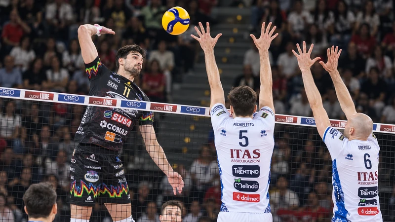 Illustrazione editoriale IA di una partita di SuperLega maschile in un palazzetto italiano.