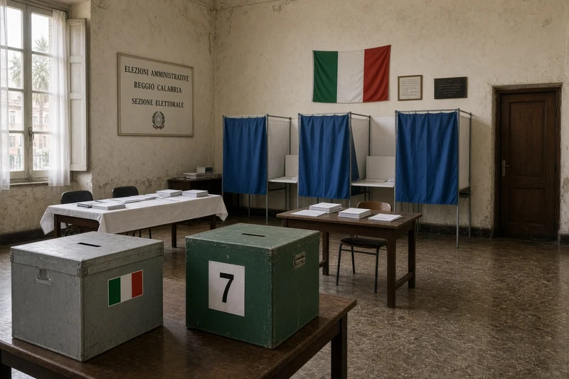 Sezione elettorale italiana con urne e cabine blu; illustrazione editoriale IA non documentaria.