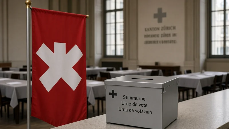 Urna elettorale e bandiera svizzera in un seggio; illustrazione editoriale IA non documentaria.