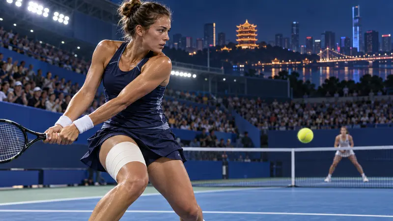 Una tennista con la coscia fasciata continua una semifinale a Wuhan, illustrazione editoriale IA non documentaria.