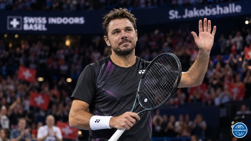 Illustrazione editoriale IA di Stan Wawrinka che saluta il pubblico alla St. Jakobshalle; scena non documentaria.