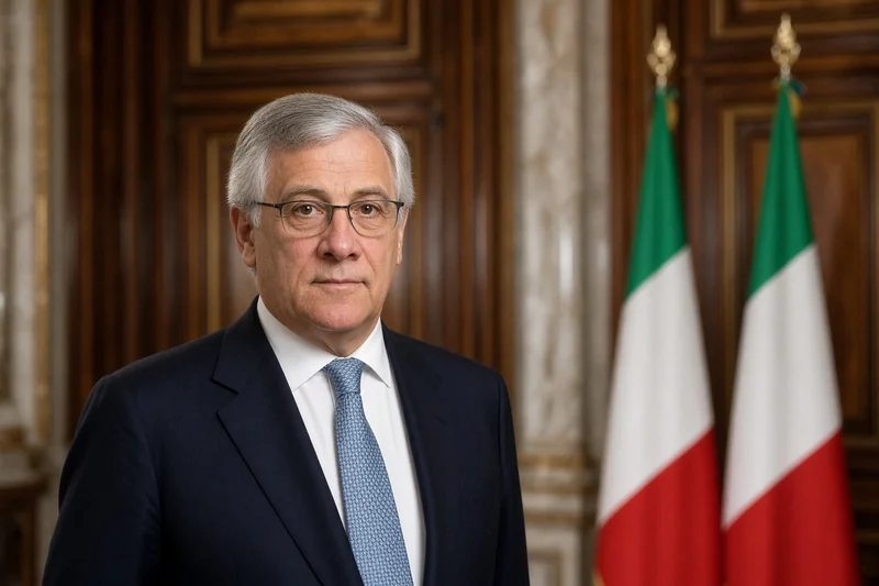 Scena editoriale contestuale generata con IA: Antonio Tajani riconoscibile, occhiali e capelli grigi, in un salone diplomatico con bandiere italiane; somiglianza sintetica, non è una fotografia documentaria dell’incontro.
