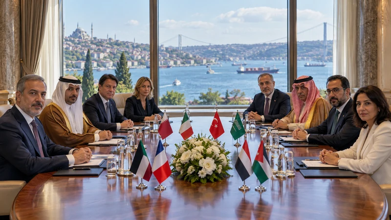 Illustrazione editoriale IA di un tavolo diplomatico a Istanbul affacciato sul Bosforo; persone e incontro sono sintetici.