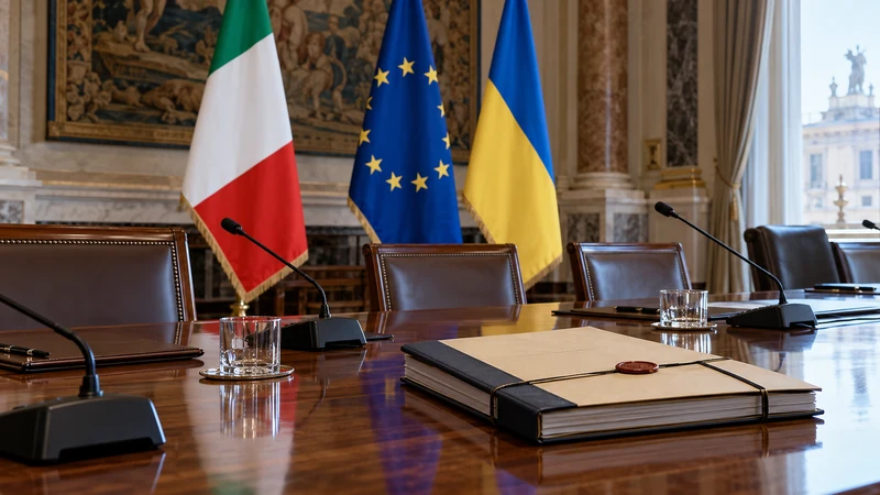 Illustrazione editoriale IA di una sala istituzionale con bandiere italiana, europea e ucraina e un dossier sul tavolo; scena simbolica non documentaria.