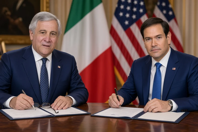 Scena editoriale contestuale ordinaria generata con IA: Antonio Tajani e Marco Rubio a un tavolo diplomatico a New York; non è una fotografia documentaria.