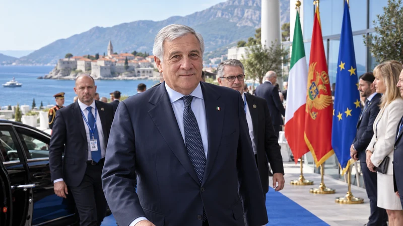 Illustrazione editoriale IA con somiglianza sintetica di Antonio Tajani all’arrivo a un vertice internazionale a Budva; scena non documentaria.