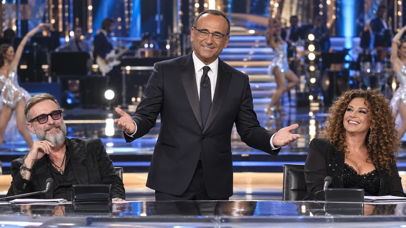Illustrazione editoriale IA con somiglianze sintetiche di Carlo Conti, Marco Masini e Valentina Persia in uno studio di varietà, non tratta dalla trasmissione.