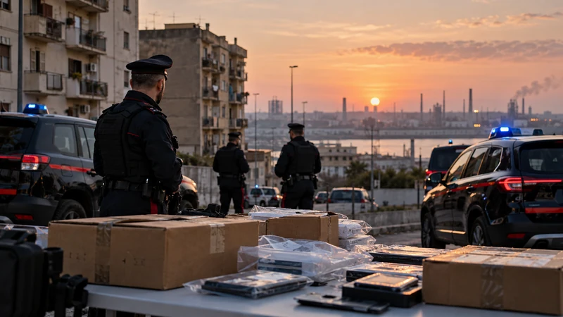 Illustrazione editoriale IA di un dispositivo dei Carabinieri nel quartiere Tamburi di Taranto, senza persone fermate riconoscibili; scena non documentaria.