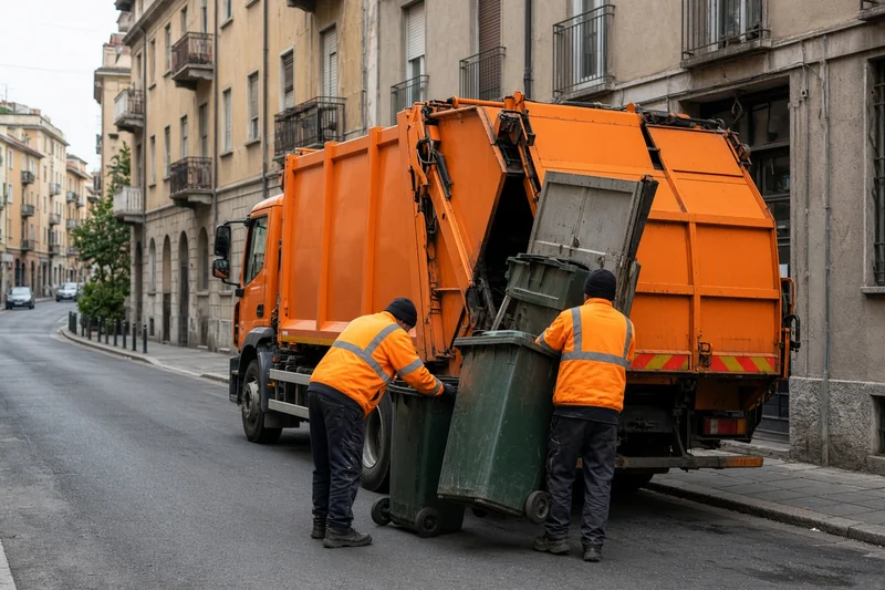 Scena editoriale contestuale generata con IA: raccolta rifiuti urbani in una via italiana, camion arancione e operatori in alta visibilità; non è una fotografia documentaria di un Comune specifico.