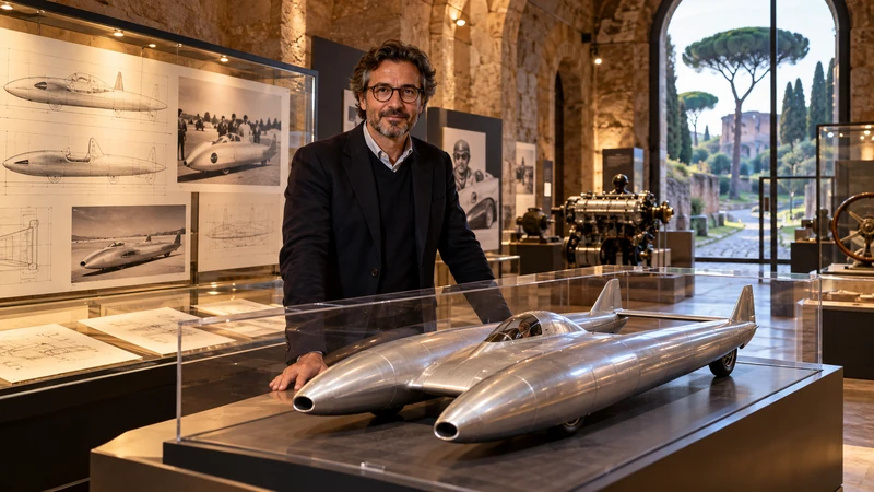Illustrazione editoriale IA di modelli e documenti motoristici in una mostra a Santa Maria Nova; non è una fotografia dell'allestimento.