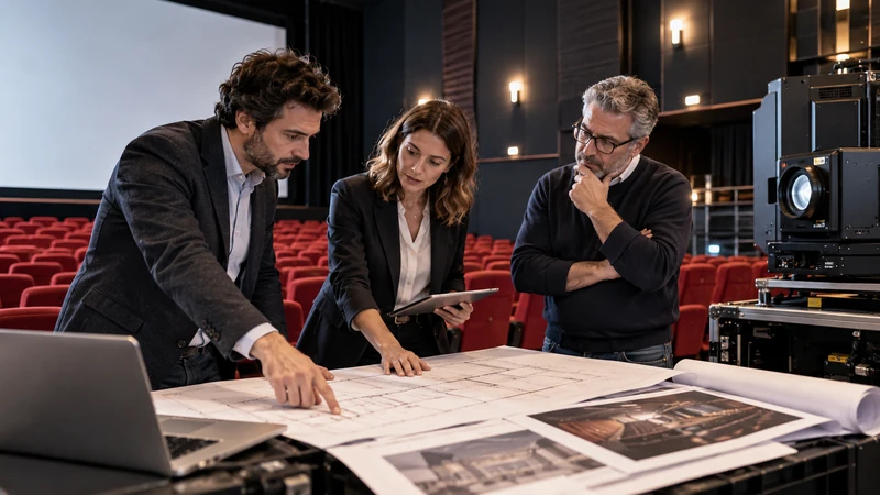 Gestori di una sala cinematografica esaminano documenti vicino a un proiettore digitale; illustrazione editoriale IA, non documentaria.