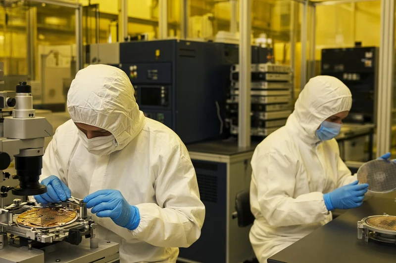 Illustrazione editoriale generata con IA: laboratorio di test sui semiconduttori, wafer e probe card sotto luce gialla; non è una fotografia documentaria.