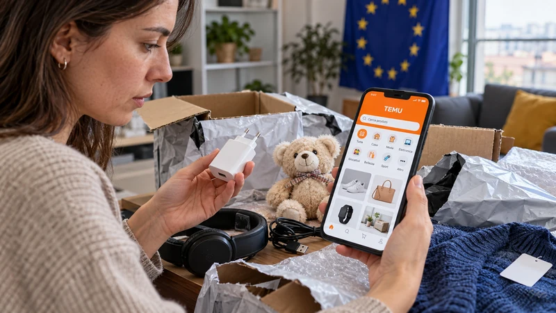 Illustrazione editoriale IA di pacchi per acquisti online sottoposti a controllo digitale europeo; scena simbolica non documentaria.