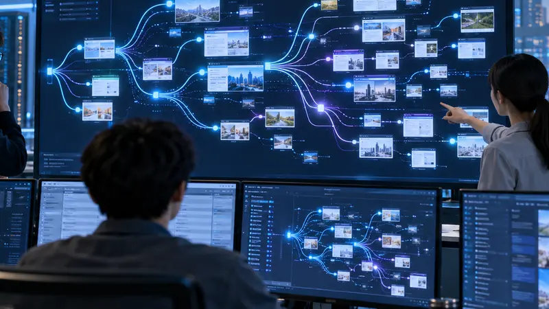 Laboratorio cloud in Asia con tecnici che analizzano percorsi web automatici, illustrazione editoriale IA non documentaria.