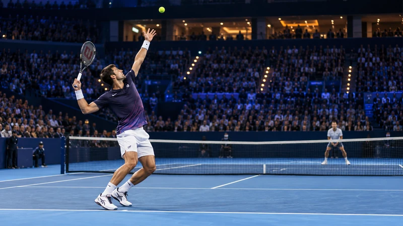 Illustrazione editoriale IA di un tennista al servizio su un campo indoor a Vienna.