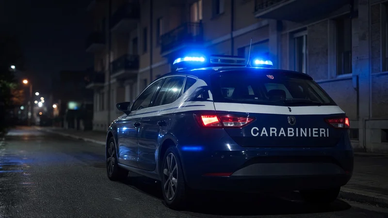 Auto dei carabinieri di notte con lampeggianti; illustrazione editoriale IA non documentaria.