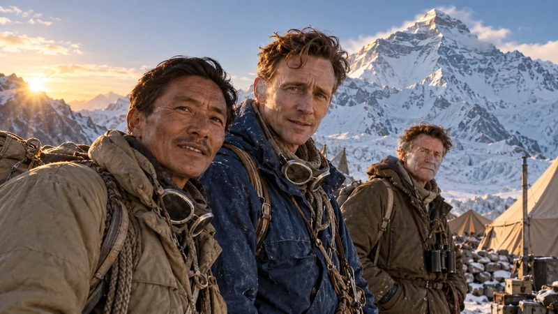 Illustrazione editoriale IA con Genden Phuntsok, Tom Hiddleston e Willem Dafoe in un campo base himalayano; somiglianze sintetiche non documentarie.