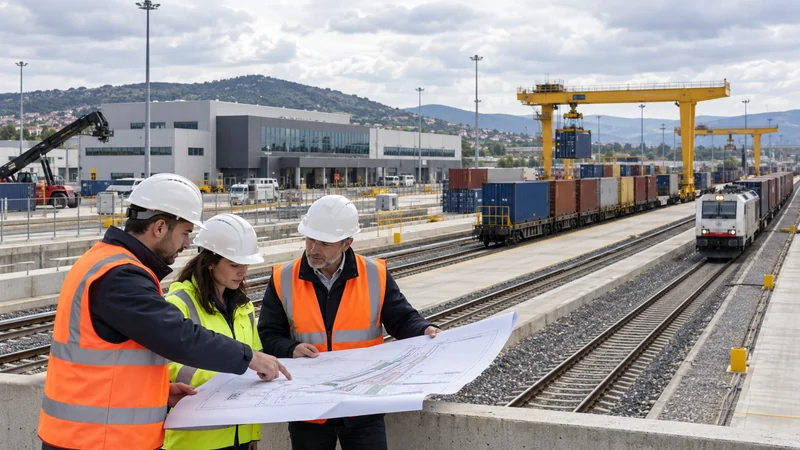 Tecnici esaminano il progetto ferroviario presso un terminal logistico umbro; illustrazione editoriale IA.