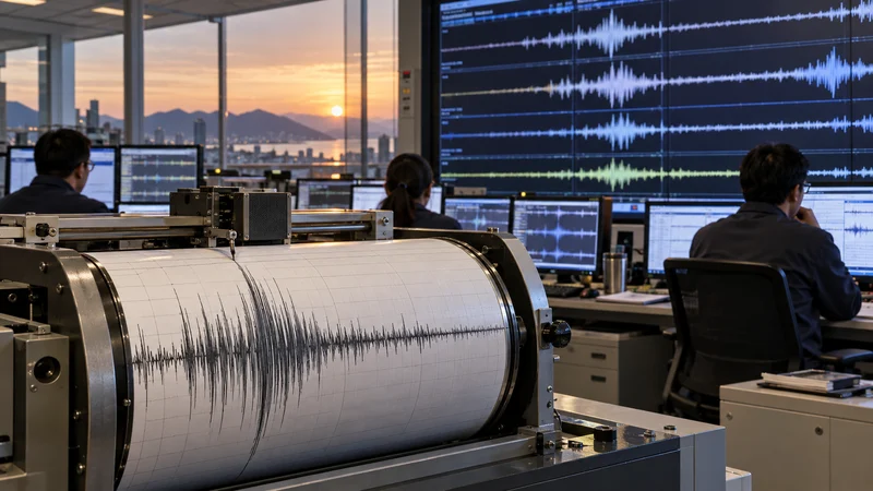 Sala di monitoraggio sismico con sismografo e tecnici al lavoro all’alba