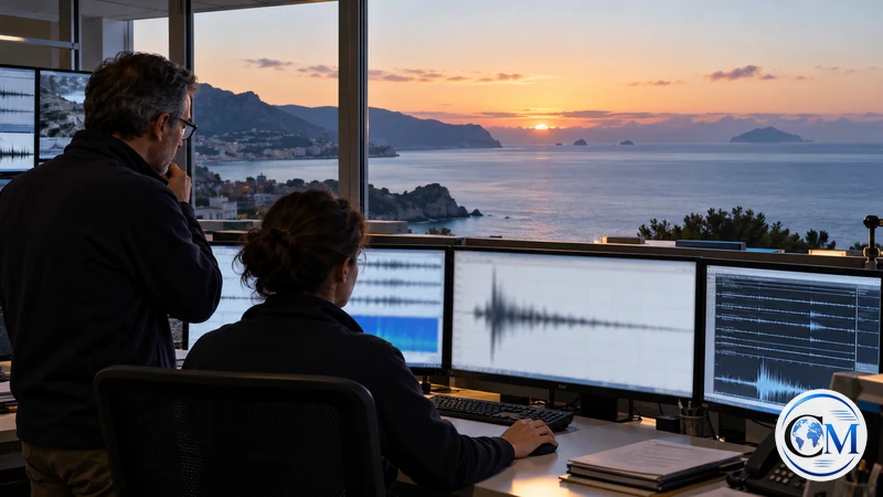 Illustrazione editoriale IA ultrarealistica di una sala di monitoraggio sismico affacciata sul Tirreno; non documenta la scossa.