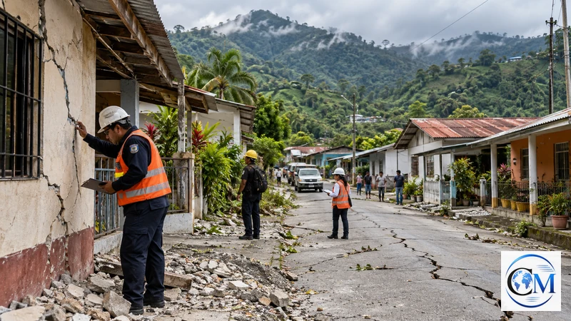 Ricostruzione editoriale IA ultrarealistica di controlli dopo un terremoto in una località rurale di Panama; non è una foto dell'evento.