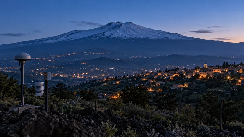 Monte Etna e luci di Zafferana Etnea prima dell’alba con sensori geofisici in primo piano