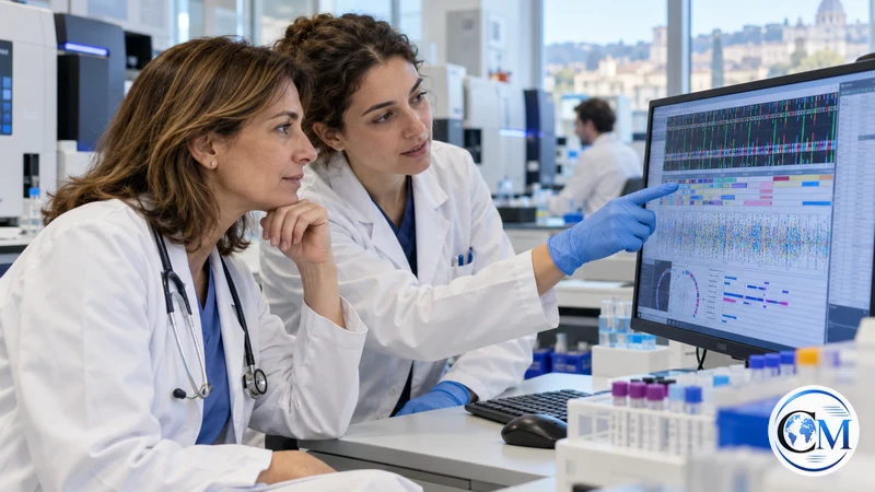 Illustrazione editoriale IA ultrarealistica di mediche in un laboratorio italiano di profilazione genomica; non è una fotografia documentaria.