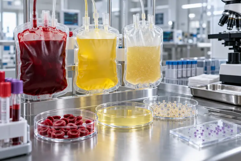 Illustrazione editoriale generata con IA: componenti del sangue in un laboratorio clinico; non è una fotografia documentaria.