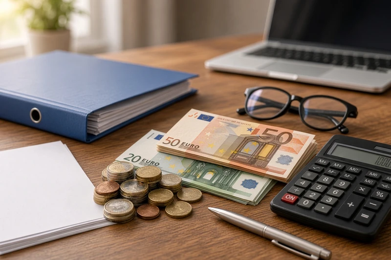 Illustrazione editoriale IA di banconote euro, monete e calcolatrice su scrivania per liquidazione Tfr; scena non documentaria.