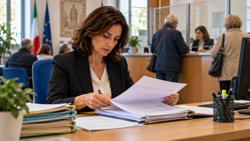 Illustrazione editoriale IA di una dipendente pubblica che controlla documenti sul TFS; scena non documentaria.