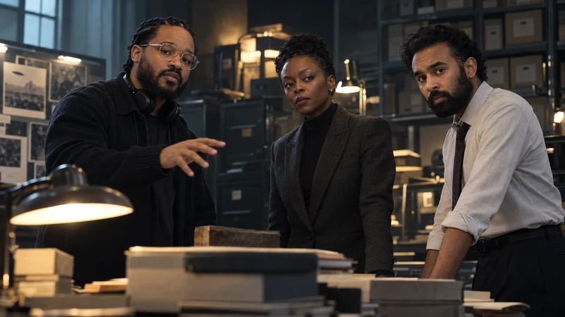 Illustrazione editoriale IA con Ryan Coogler, Danielle Deadwyler e Himesh Patel in un archivio investigativo notturno; somiglianze sintetiche non documentarie.