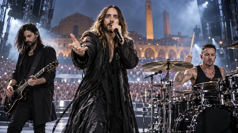 Illustrazione editoriale IA dei Thirty Seconds to Mars in concerto a Bologna; scena non documentaria.