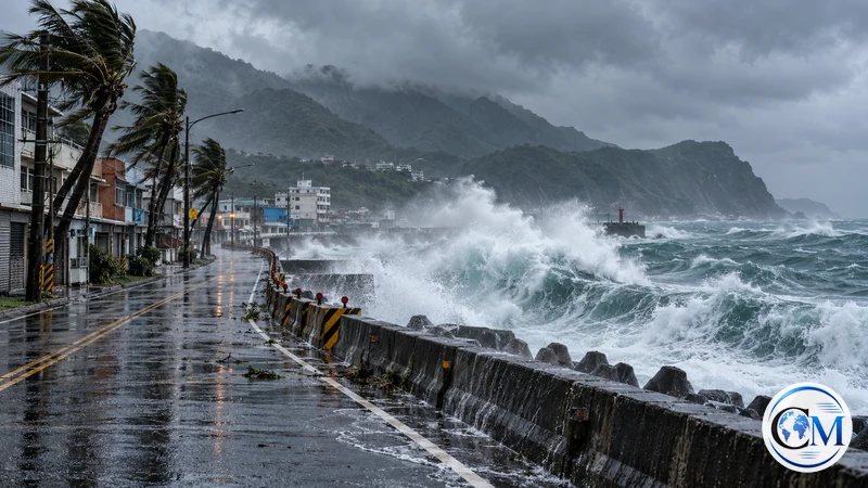 Illustrazione editoriale IA ultrarealistica del mare mosso sulla costa nord-orientale di Taiwan durante un tifone; scena non documentaria.