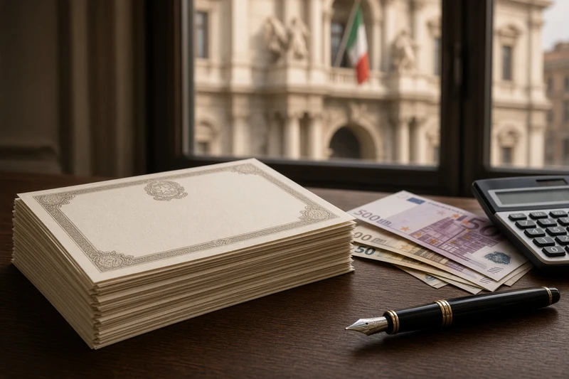 Illustrazione editoriale IA di certificati e banconote euro su scrivania con palazzo pubblico sullo sfondo; scena non documentaria.