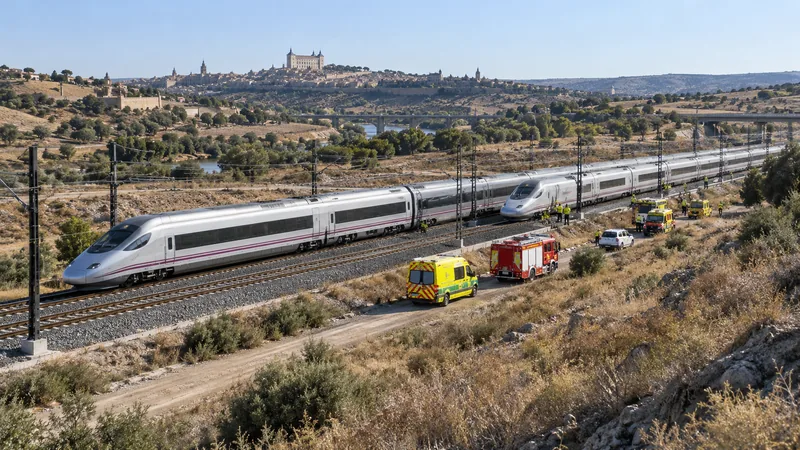 Due treni ad alta velocità fermi sui binari con soccorritori al lavoro nella campagna di Toledo, illustrazione editoriale IA
