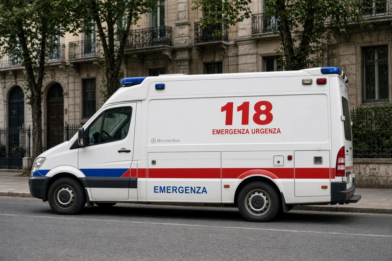 Ambulanza 118 in contesto urbano; illustrazione editoriale IA non documentaria. Nessuna immagine del minore.